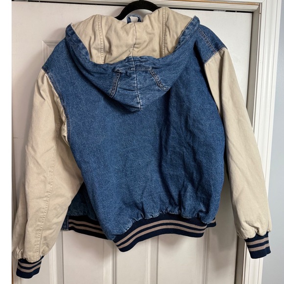 Vtg 90s Saugatuck Co Blue Denim Tan Canvas Hood Varsity Bomber Jacket Mens Med - Picture 8 of 10